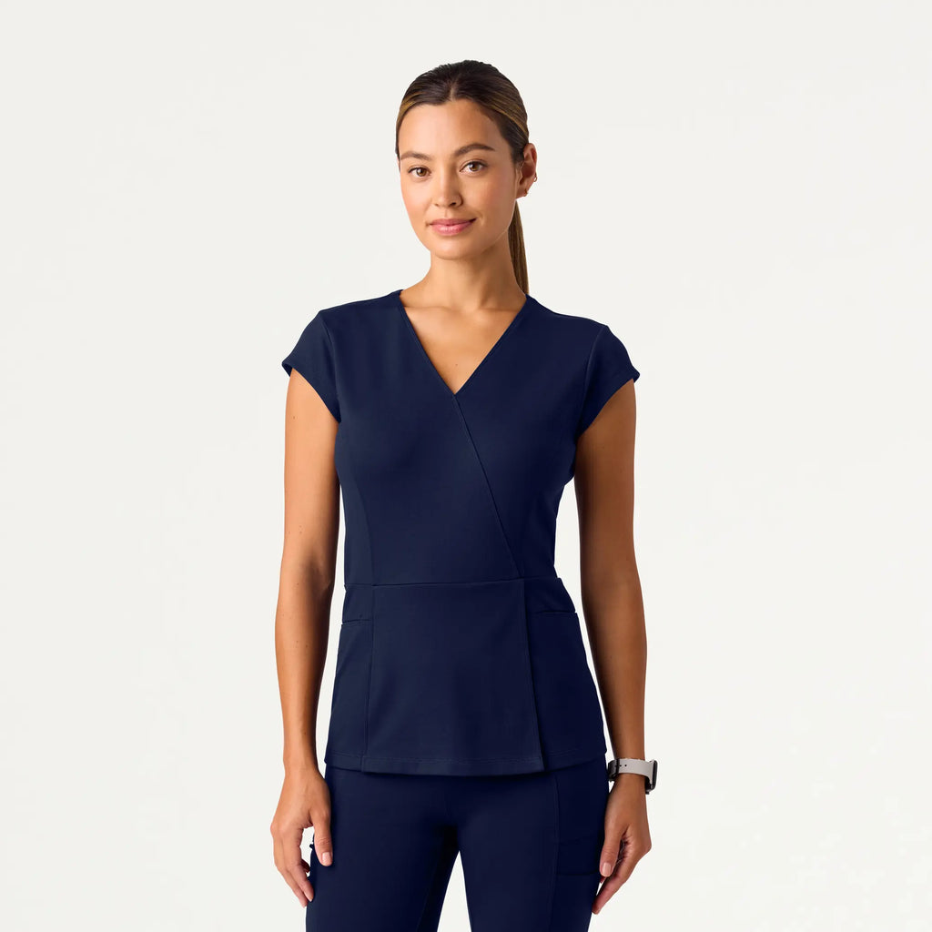 Jaanuu Scrubs Women's Isla Mock-Wrap ULTRAsoft Scrub Top Midnight Navy | scrub-supply.com