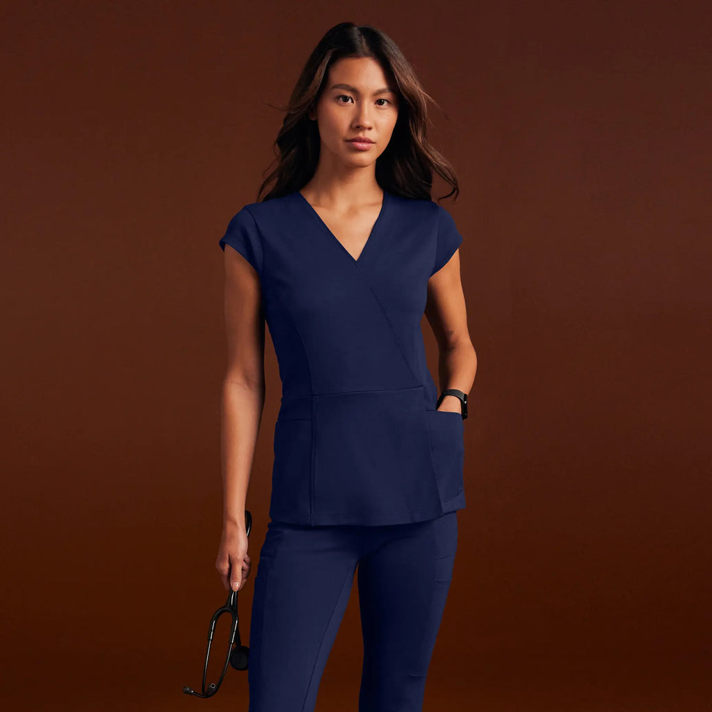 Jaanuu Scrubs Women's Isla Mock-Wrap ULTRAsoft Scrub Top Midnight Navy | scrub-supply.com