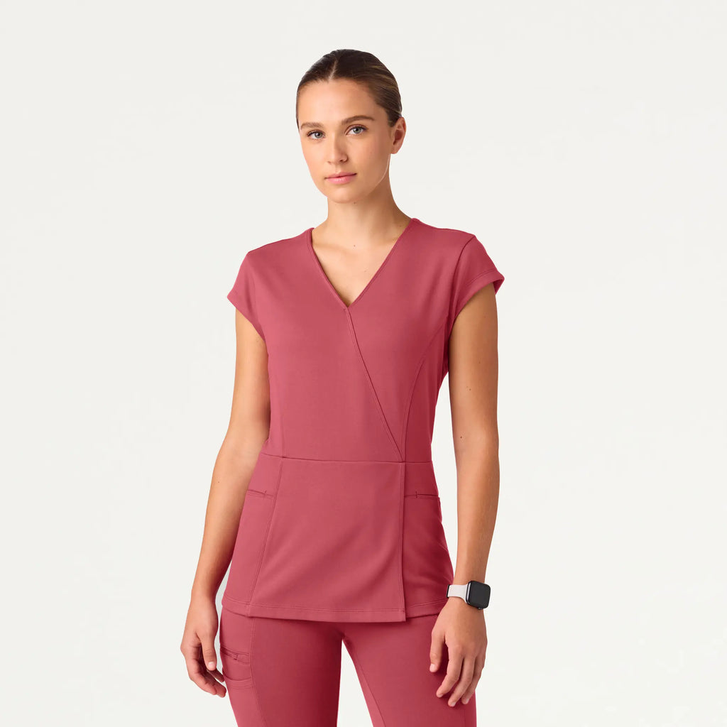 Jaanuu Scrubs Women's Isla Mock-Wrap ULTRAsoft Scrub Top Mulberry | scrub-supply.com