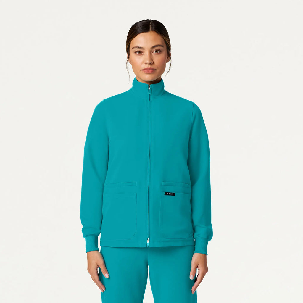 Jaanuu Scrubs Women's Ceri Essential 6-Pocket Scrub Jacket Aqua | scrub-supply.com