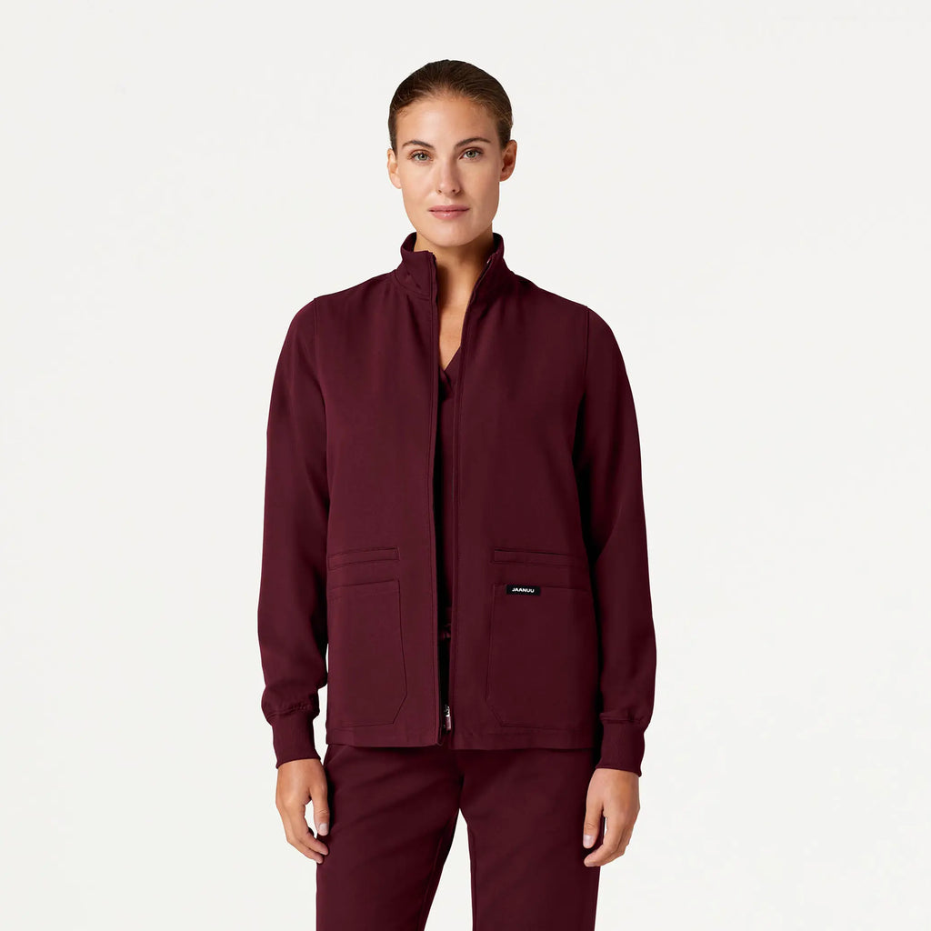 Jaanuu Scrubs Women's Ceri Essential 6-Pocket Scrub Jacket Burgundy | scrub-supply.com