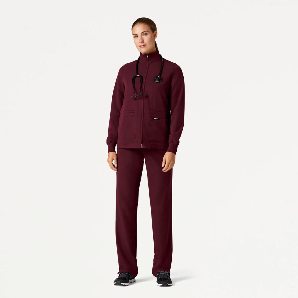 Jaanuu Scrubs Women's Ceri Essential 6-Pocket Scrub Jacket Burgundy | scrub-supply.com