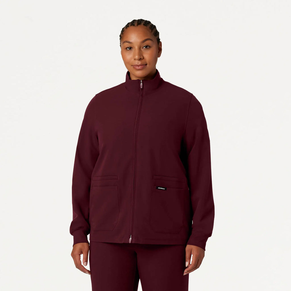 Jaanuu Scrubs Women's Ceri Essential 6-Pocket Scrub Jacket Burgundy | scrub-supply.com