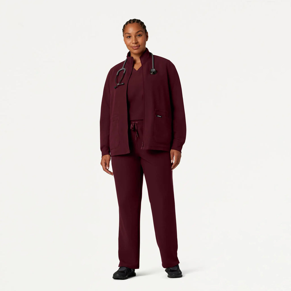 Jaanuu Scrubs Women's Ceri Essential 6-Pocket Scrub Jacket Burgundy | scrub-supply.com