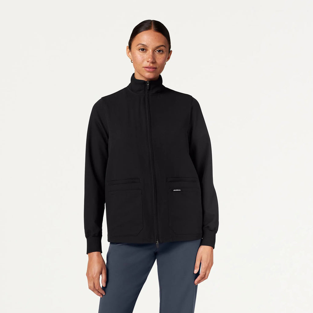 Jaanuu Scrubs Women's Ceri Essential 6-Pocket Scrub Jacket Black | scrub-supply.com