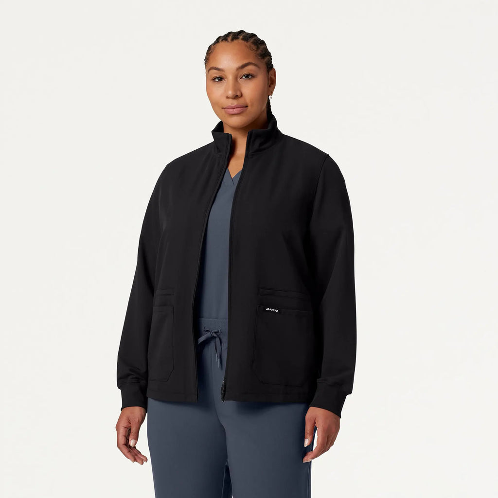 Jaanuu Scrubs Women's Ceri Essential 6-Pocket Scrub Jacket Black | scrub-supply.com