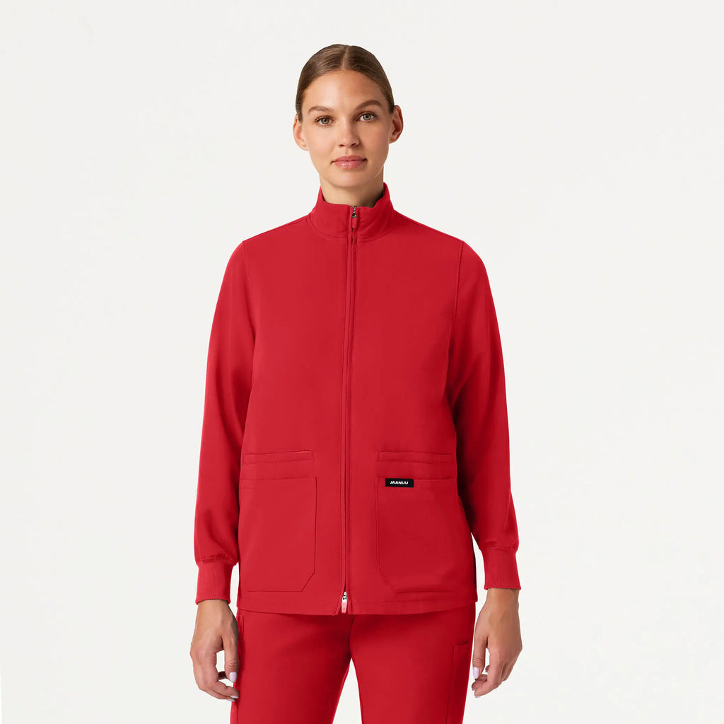 Jaanuu Scrubs Women's Ceri Essential 6-Pocket Scrub Jacket Brilliant Red | scrub-supply.com