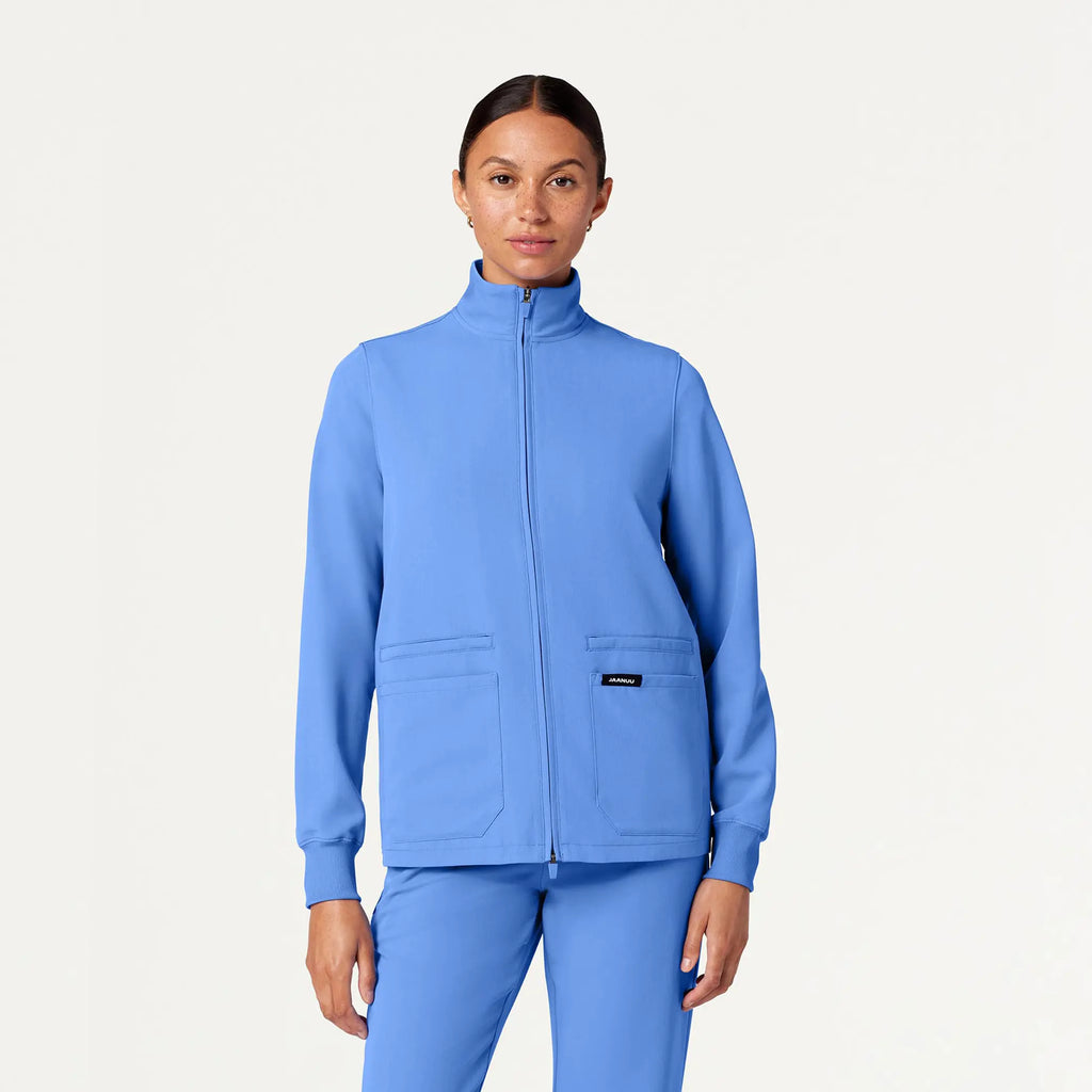 Jaanuu Scrubs Women's Ceri Essential 6-Pocket Scrub Jacket Ceil Blue | scrub-supply.com