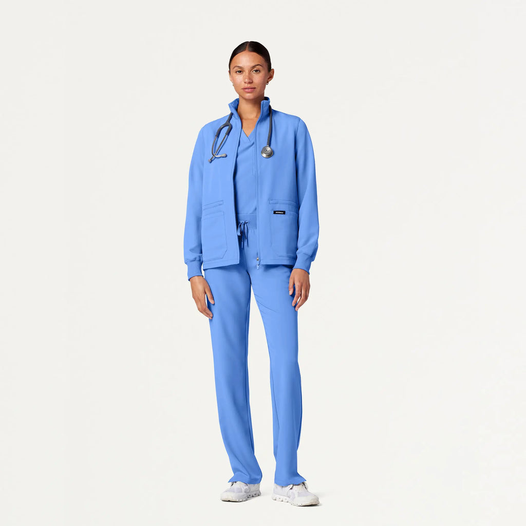 Jaanuu Scrubs Women's Ceri Essential 6-Pocket Scrub Jacket Ceil Blue | scrub-supply.com