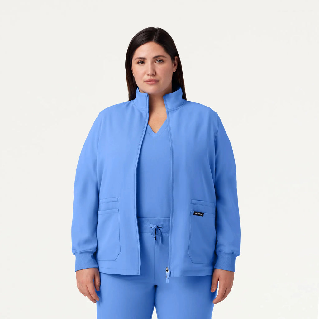 Jaanuu Scrubs Women's Ceri Essential 6-Pocket Scrub Jacket Ceil Blue | scrub-supply.com