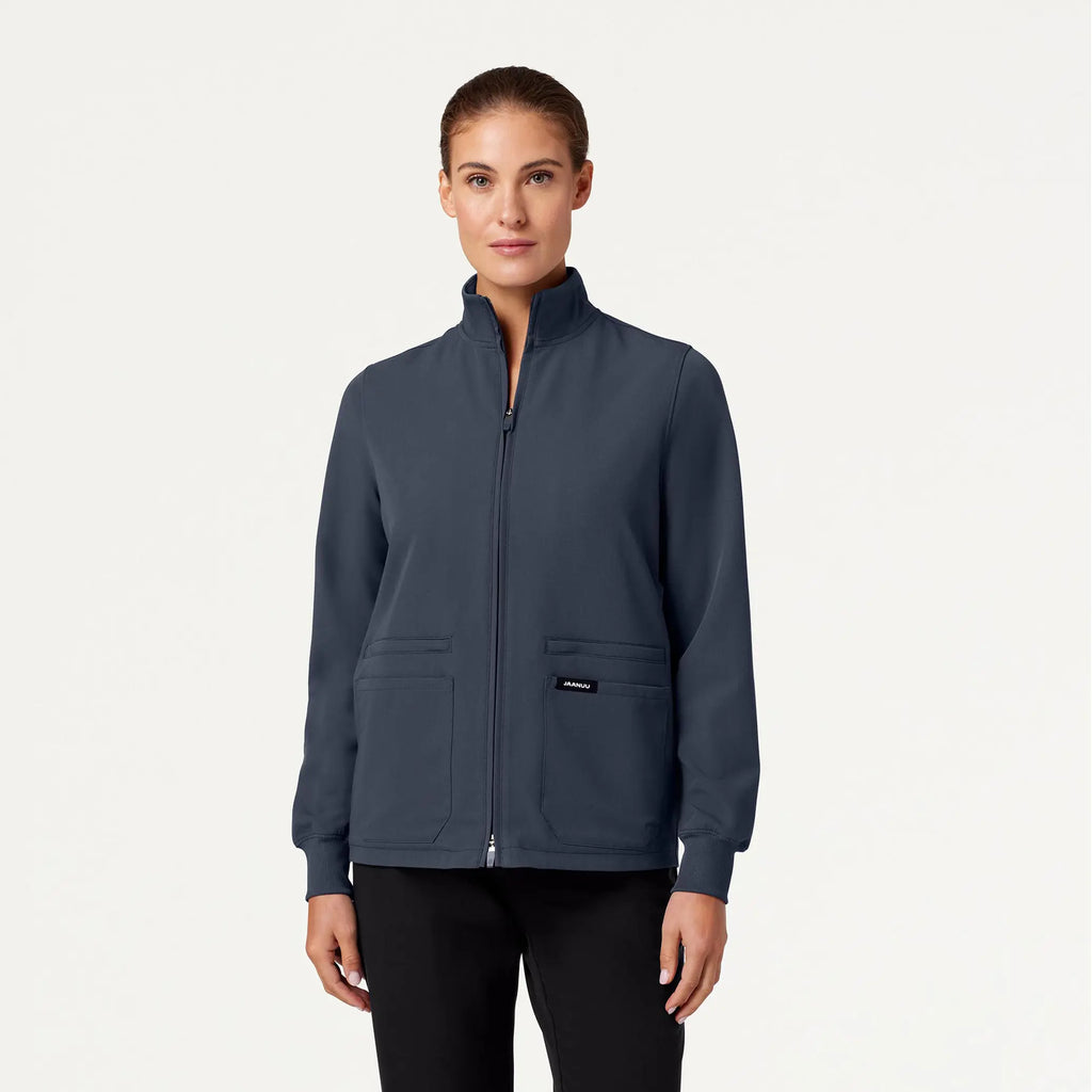 Jaanuu Scrubs Women's Ceri Essential 6-Pocket Scrub Jacket Carbon Gray | scrub-supply.com