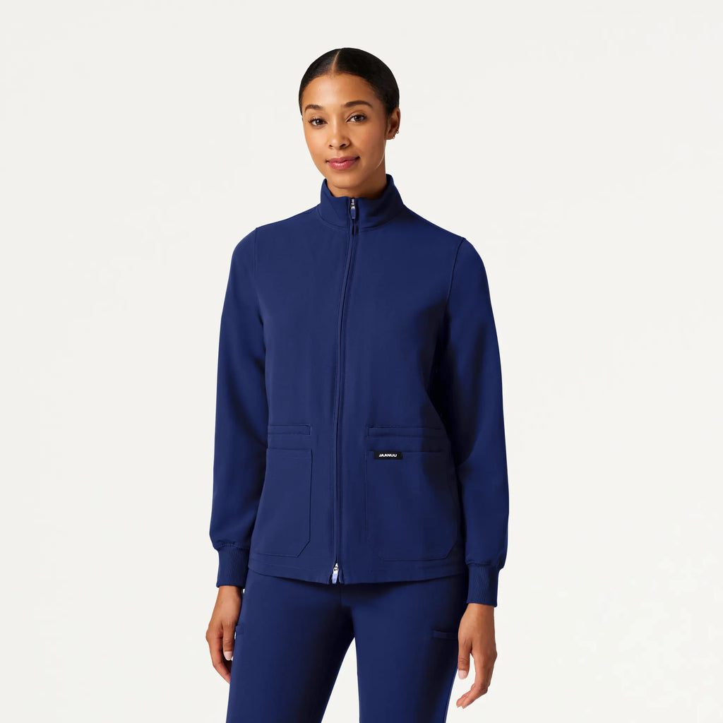 Jaanuu Scrubs Women's Ceri Essential 6-Pocket Scrub Jacket Navy Blue | scrub-supply.com