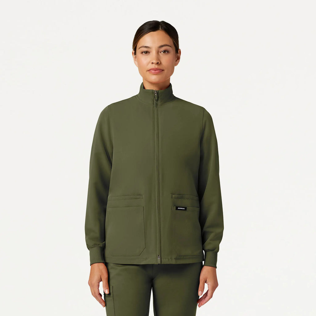 Jaanuu Scrubs Women's Ceri Essential 6-Pocket Scrub Jacket Olive | scrub-supply.com