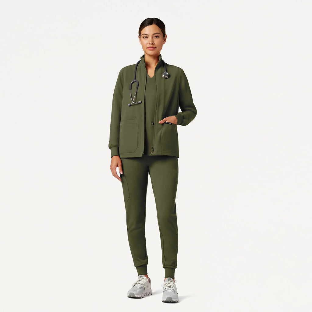 Jaanuu Scrubs Women's Ceri Essential 6-Pocket Scrub Jacket Olive | scrub-supply.com