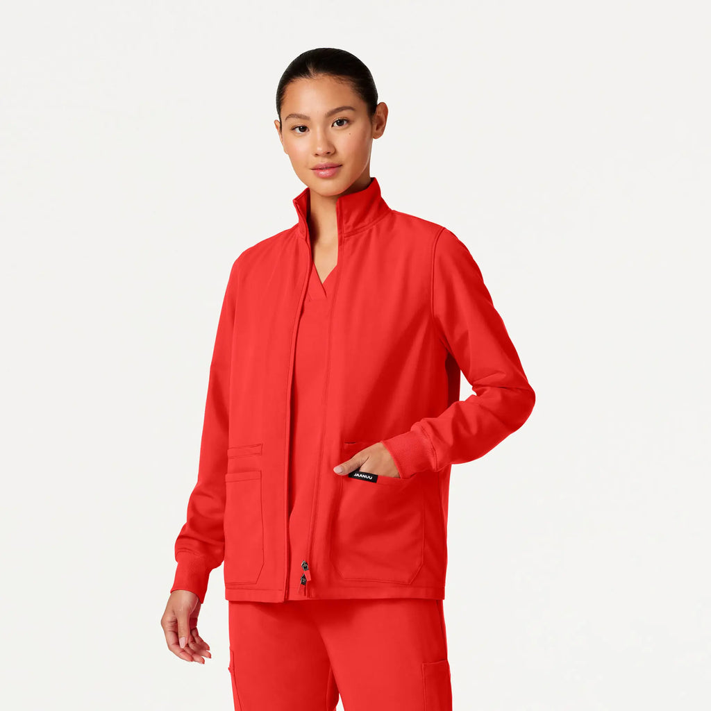 Jaanuu Scrubs Women's Ceri Essential 6-Pocket Scrub Jacket Solar Red | scrub-supply.com