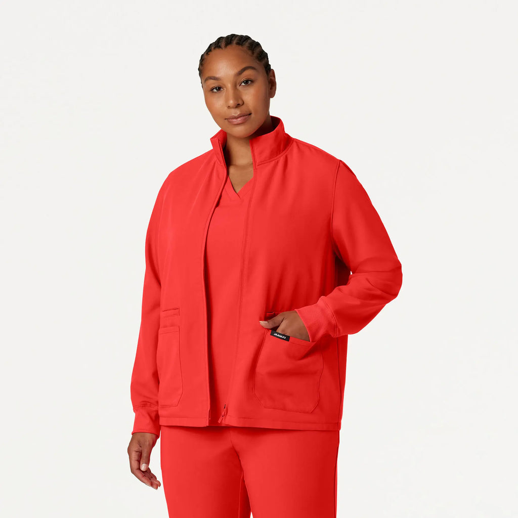 Jaanuu Scrubs Women's Ceri Essential 6-Pocket Scrub Jacket Solar Red | scrub-supply.com