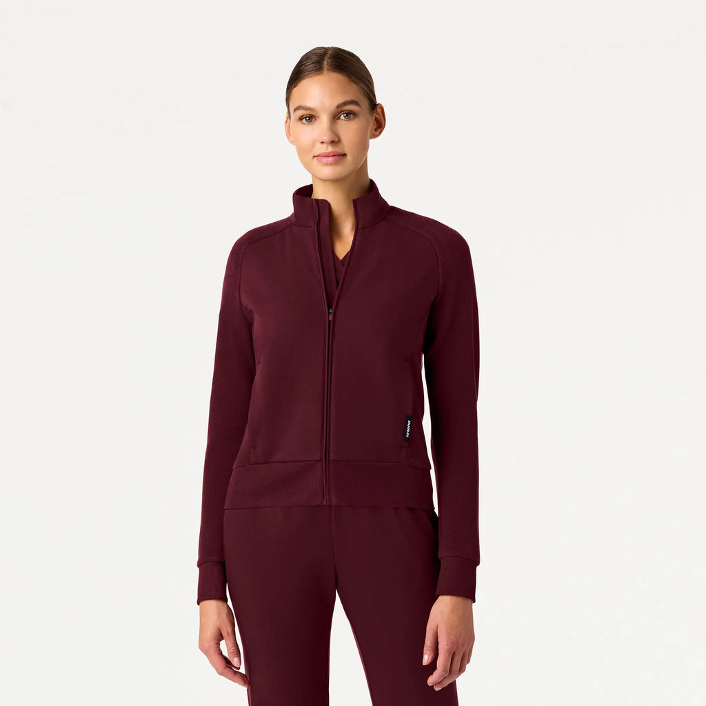 Jaanuu Scrubs Women's Cloud Hybrid Fleece Bomber Jacket Burgundy | scrub-supply.com