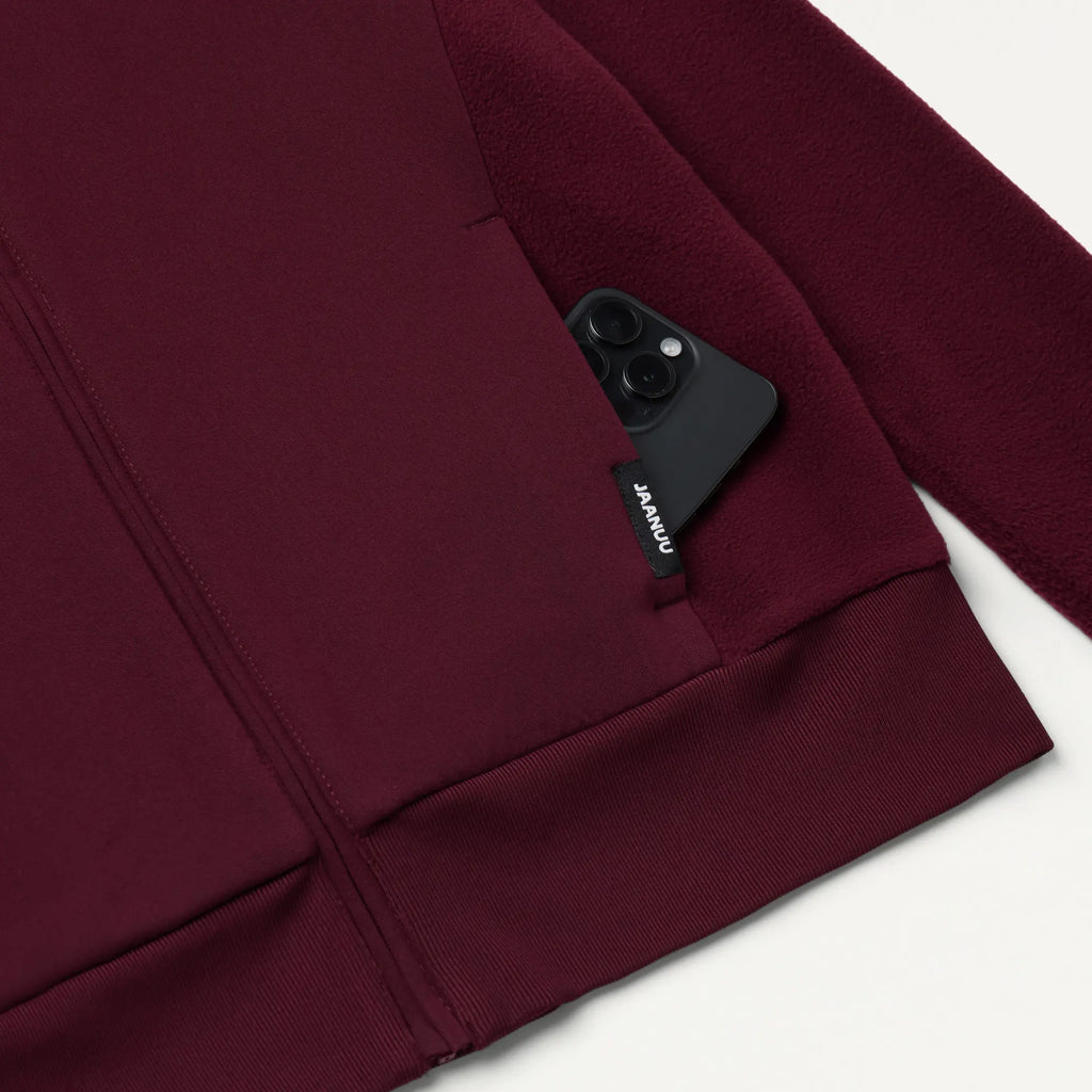 Jaanuu Scrubs Women's Cloud Hybrid Fleece Bomber Jacket Burgundy | scrub-supply.com