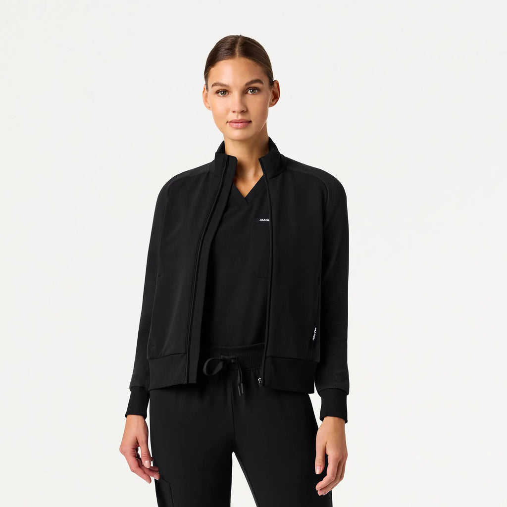 Jaanuu Scrubs Women's Cloud Hybrid Fleece Bomber Jacket Black | scrub-supply.com