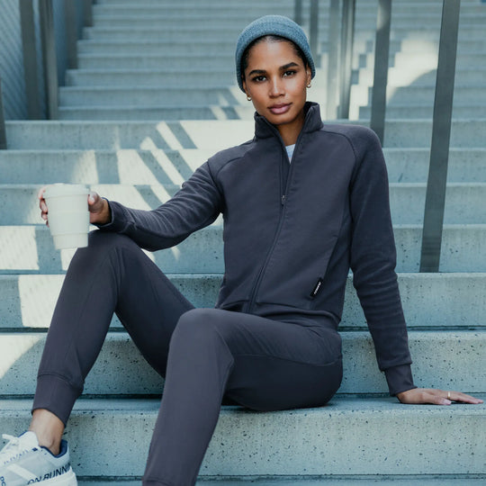 Jaanuu Scrubs Women's Cloud Hybrid Fleece Bomber Jacket Carbon Gray | scrub-supply.com