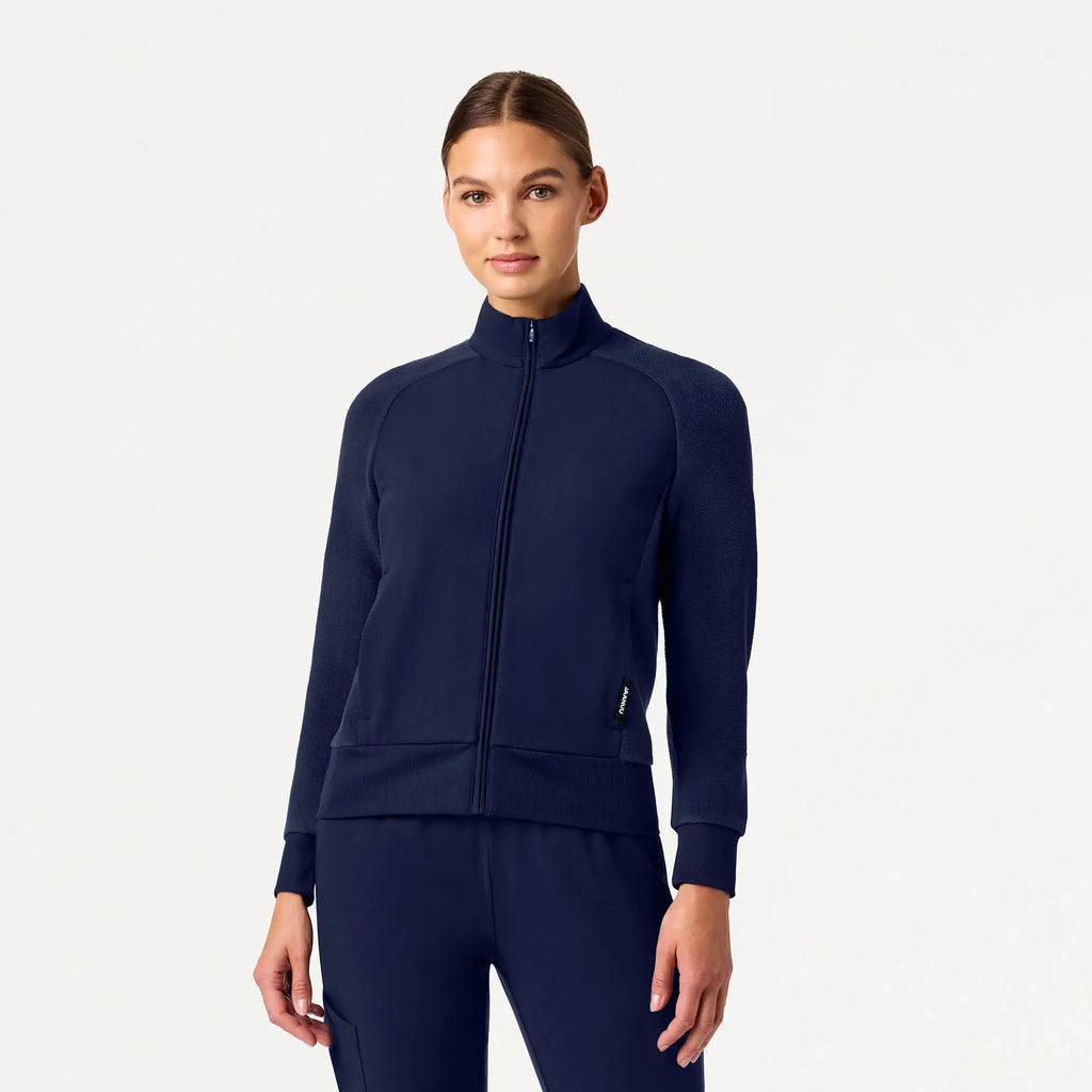 Jaanuu Scrubs Women's Cloud Hybrid Fleece Bomber Jacket Midnight Navy | scrub-supply.com