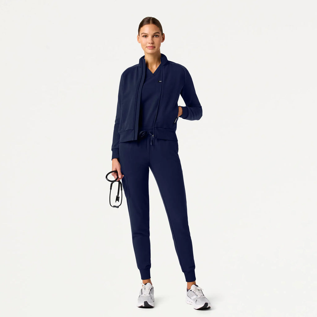 Jaanuu Scrubs Women's Cloud Hybrid Fleece Bomber Jacket Midnight Navy | scrub-supply.com