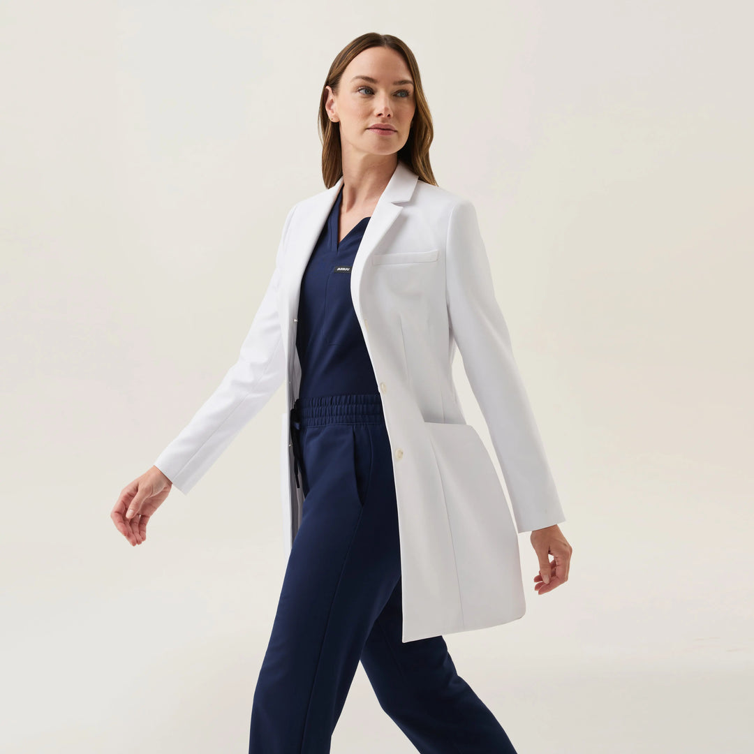 Jaanuu Scrubs Women's Linea 34" White Coat White | scrub-supply.com