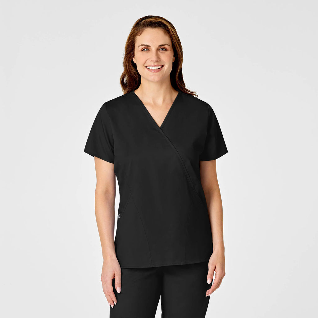 Wink Scrubs Women's WonderWORK Mock Wrap Scrub Top Black | scrub-supply.com