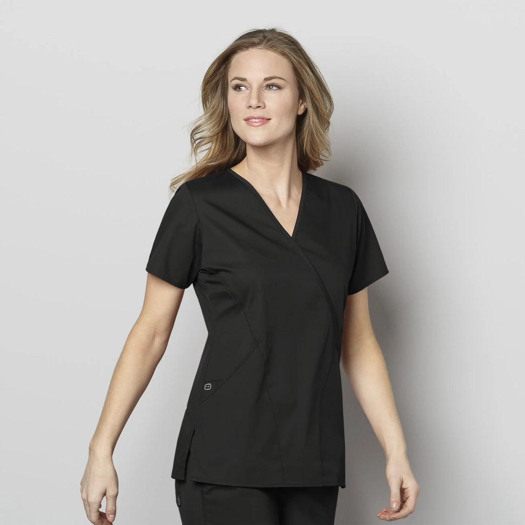 Wink Scrubs Women's WonderWORK Mock Wrap Scrub Top Black | scrub-supply.com