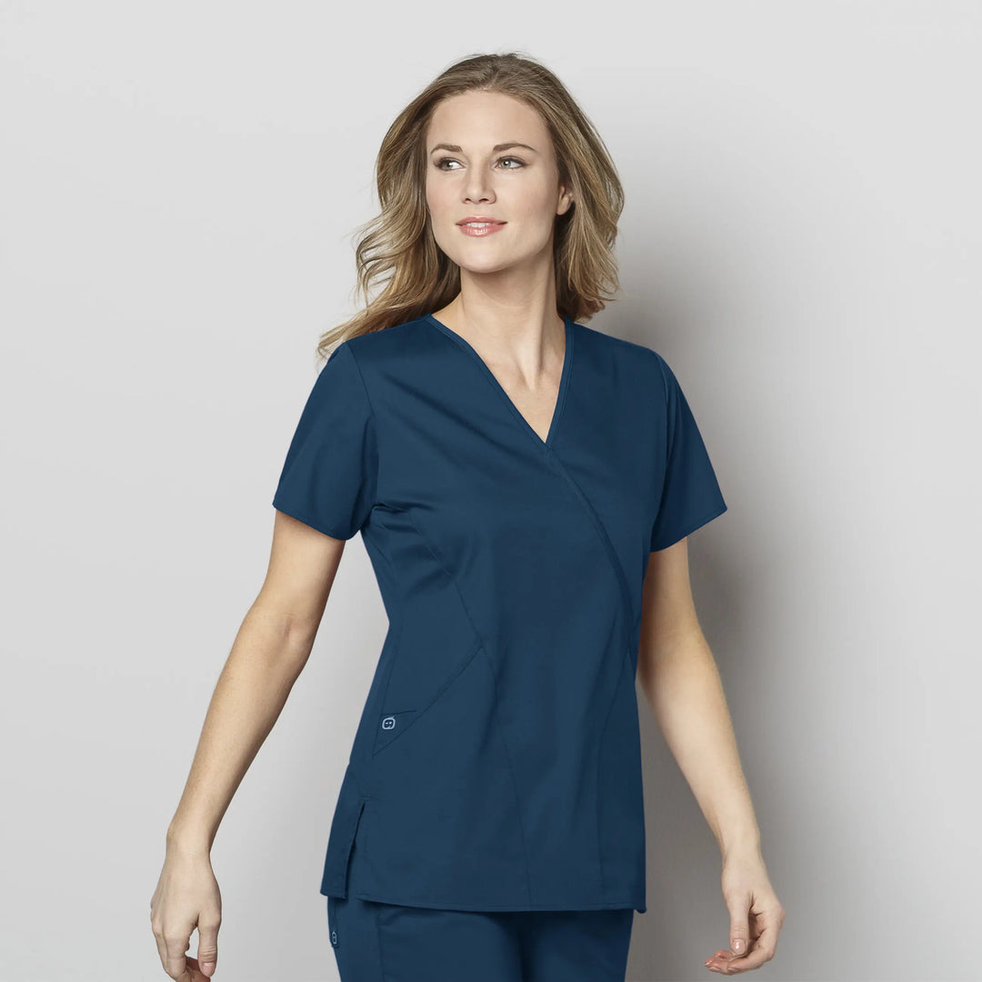 Wink Scrubs Women's WonderWORK Mock Wrap Scrub Top Caribbean Blue | scrub-supply.com