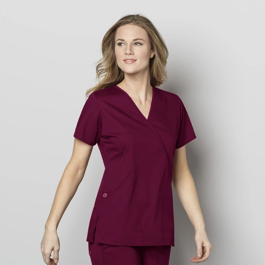 Wink Scrubs Women's WonderWORK Mock Wrap Scrub Top Wine | scrub-supply.com