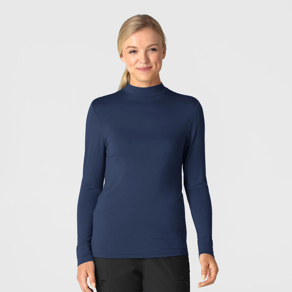 Wink Scrubs Women's Long Sleeve Mock Neck Silky Tee Navy | scrub-supply.com