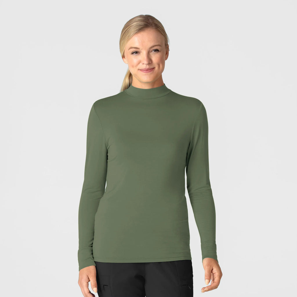 Wink Scrubs Women's Long Sleeve Mock Neck Silky Tee Olive | scrub-supply.com