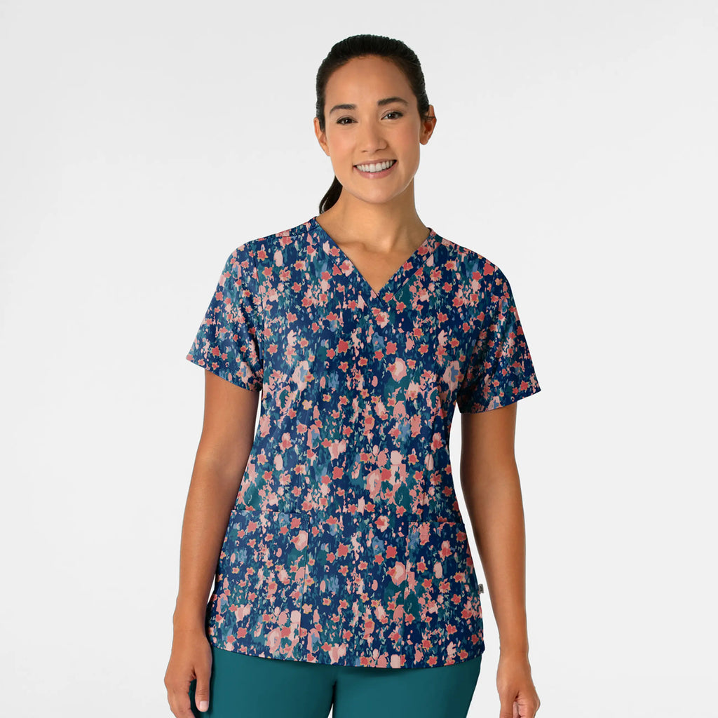 Wink Scrubs Women's Fitted 3-Pocket V-Neck Print Scrub Top Flower Shower | scrub-supply.com