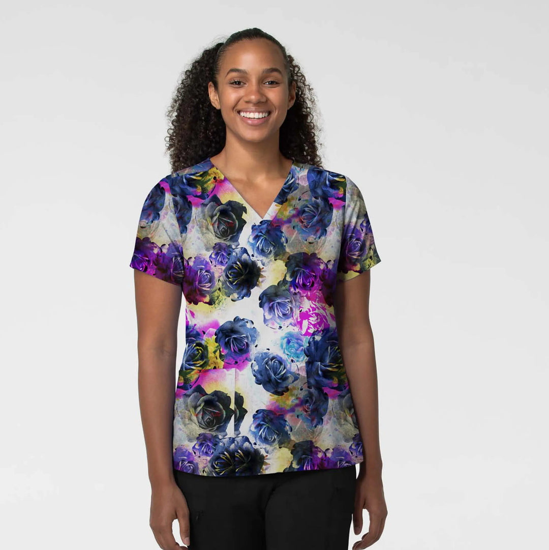 Wink Scrubs Women's Fitted 3-Pocket V-Neck Print Scrub Top Stamped Rose | scrub-supply.com