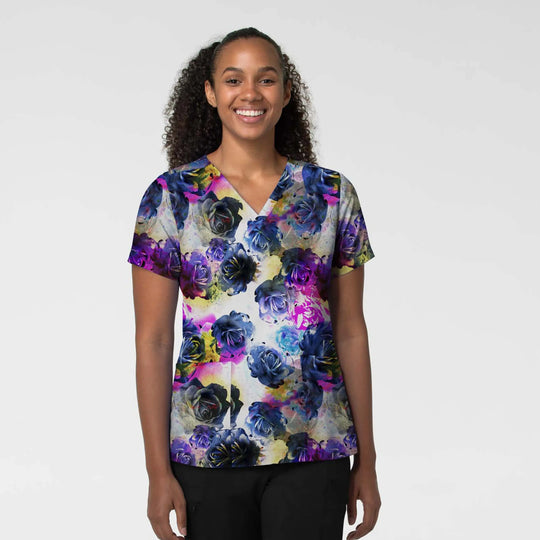 Wink Scrubs Women's Fitted 3-Pocket V-Neck Print Scrub Top Stamped Rose | scrub-supply.com
