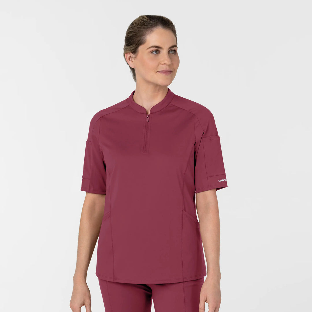 Wink Scrubs Women's Half Sleeve Zip Scrub Top Carnation | scrub-supply.com