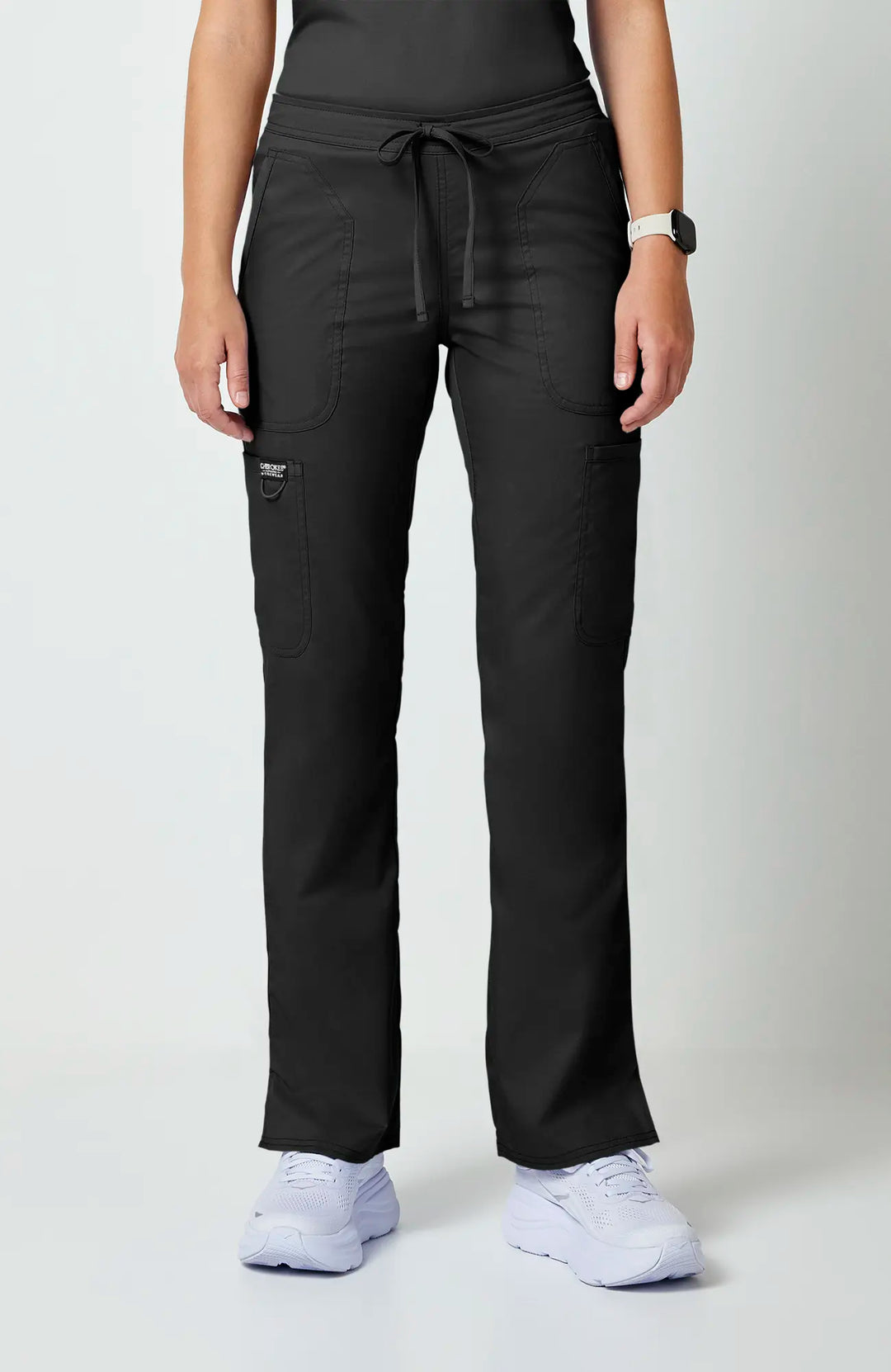 Cherokee Scrubs Women's Mid Rise Moderate Flare Leg Drawstring P Black | scrub-supply.com