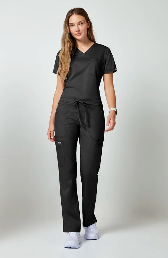 Cherokee Scrubs Women's Mid Rise Moderate Flare Leg Drawstring P Black | scrub-supply.com