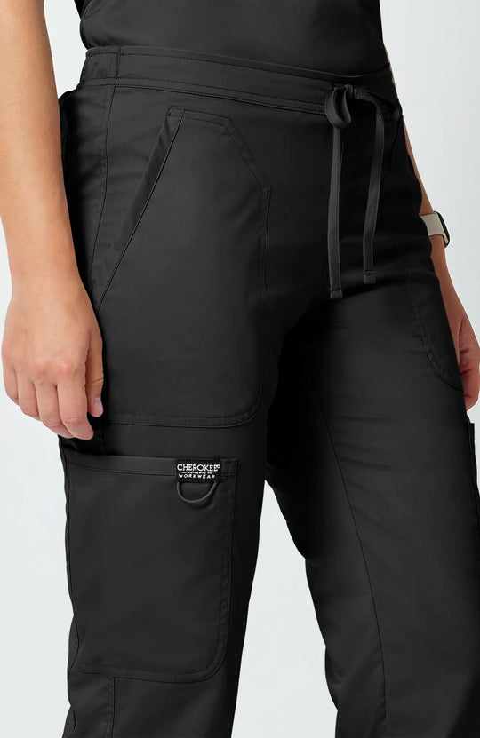 Cherokee Scrubs Women's Mid Rise Moderate Flare Leg Drawstring P Black | scrub-supply.com