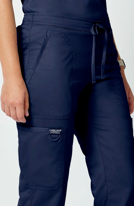 Cherokee Scrubs Women's Mid Rise Moderate Flare Leg Drawstring P Navy | scrub-supply.com