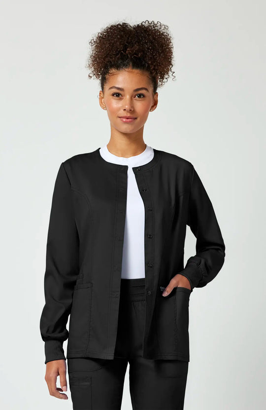 Cherokee Scrubs Women's Snap Front Warm-up Jacket Black | scrub-supply.com
