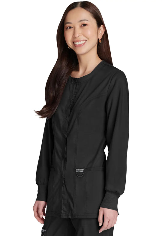 Cherokee Scrubs Women's Snap Front Warm-up Jacket Black | scrub-supply.com
