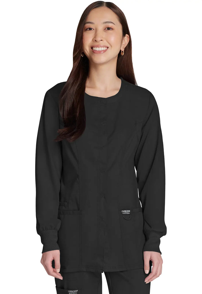Cherokee Scrubs Women's Snap Front Warm-up Jacket Black | scrub-supply.com