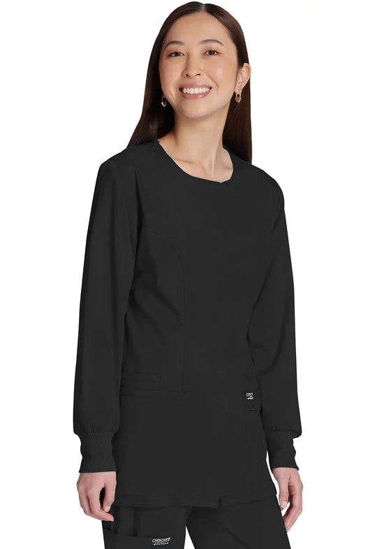 Cherokee Scrubs Women's Snap Front Warm-up Jacket Black | scrub-supply.com