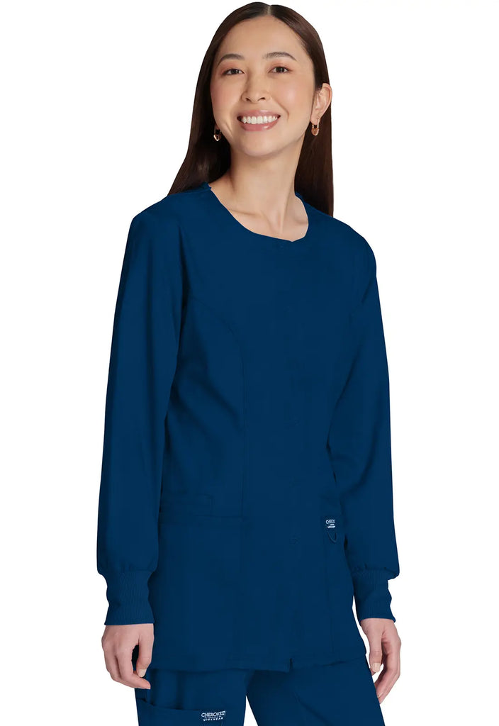 Cherokee Scrubs Women's Snap Front Warm-up Jacket Navy | scrub-supply.com