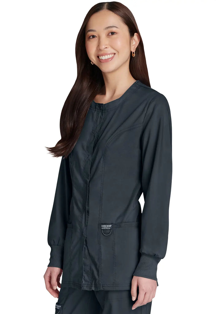 Cherokee Scrubs Women's Snap Front Warm-up Jacket Pewter | scrub-supply.com