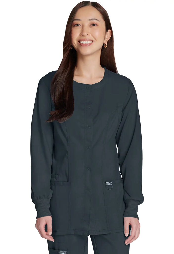 Cherokee Scrubs Women's Snap Front Warm-up Jacket Pewter | scrub-supply.com