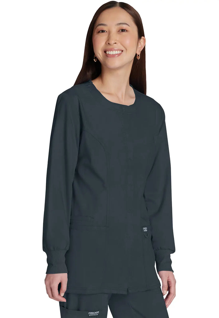 Cherokee Scrubs Women's Snap Front Warm-up Jacket Pewter | scrub-supply.com
