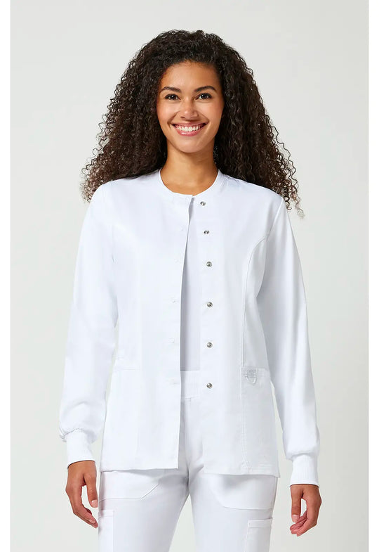 Cherokee Scrubs Women's Snap Front Warm-up Jacket White | scrub-supply.com